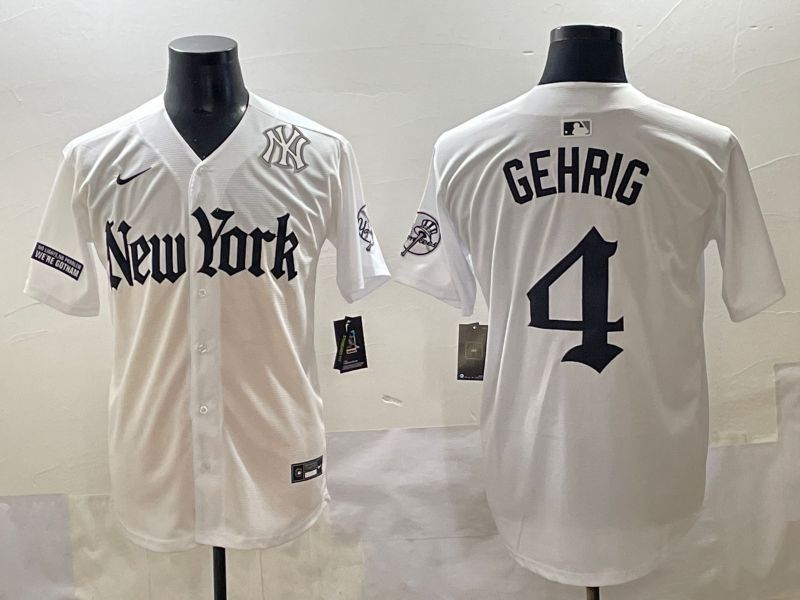 Men 2025 New York Yankees #4 Gehrig White Five generations Joint Name Nike MLB Jersey style 8